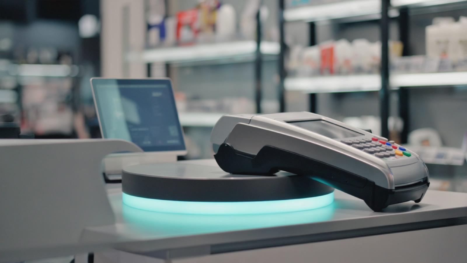 Verkaufstheke im Einzelhandel mit Kassendisplay, Kundendisplay und Bondrucker